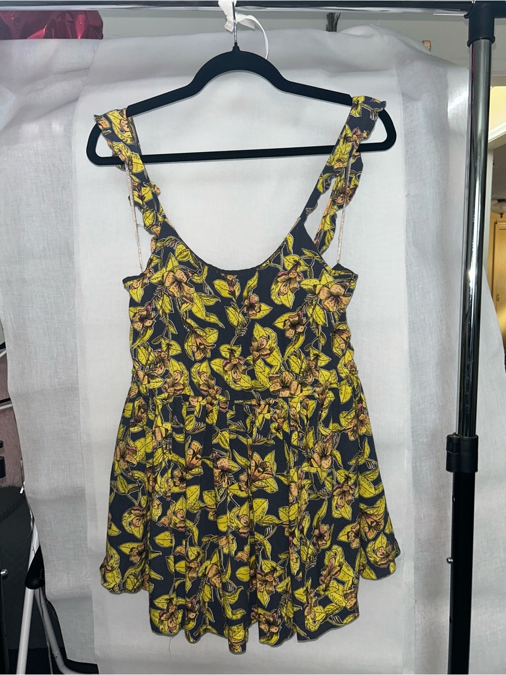 Free People Dark Floral Dress with Yellow Lily Motif